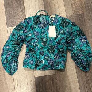 Ulla Johnson Lorna blouse in jade Floral Patterned Blouse with Puff Sleeves